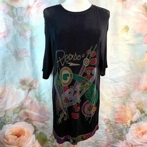 Vintage Rare 90s Reaso Abstract Front & Back Print Stretchy Shirt Dress